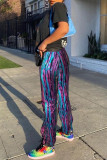 Turquoise Fashion Casual Print Basic Regular Mid Waist Trousers