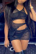 Black Sexy Solid Hollowed Out See-through Asymmetrical V Neck Sleeveless Two Pieces