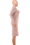 Pink Fashion Casual Solid Slit Turndown Collar Long Sleeve Dresses