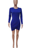 Blue Casual Solid Patchwork Asymmetrical O Neck Pencil Skirt Dresses