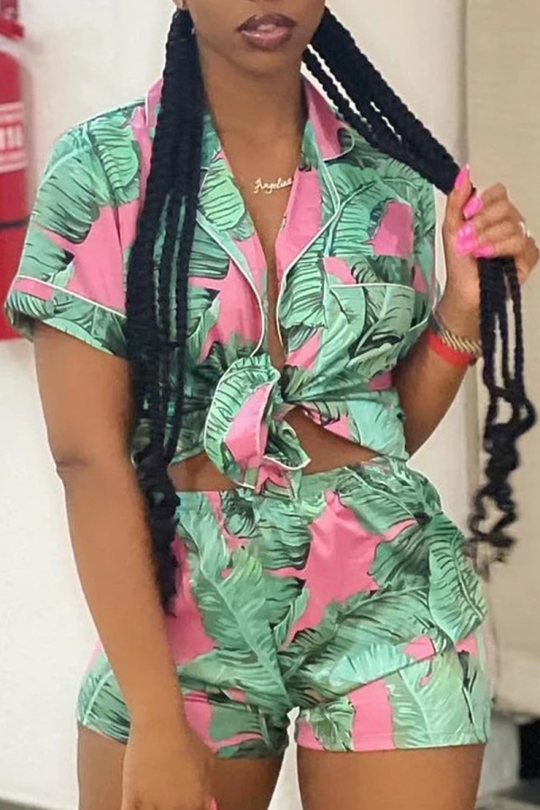 Green Casual Print Patchwork Turndown Collar Short Sleeve Two Pieces