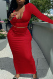 Red Sexy Solid Patchwork V Neck Long Sleeve Two Pieces