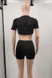 Black Fashion Casual Solid Asymmetrical Hooded Collar Short Sleeve Two Pieces