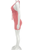 Pink Sexy Solid Patchwork Frenulum Backless V Neck Pencil Skirt Dresses