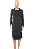 Pink Fashion Casual Solid Slit Turndown Collar Long Sleeve Dresses
