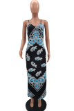 Blue Sexy Print Patchwork Spaghetti Strap Straight Dresses