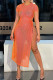 Orange Fashion Sexy Solid See-through Slit O Neck Short Sleeve Dress