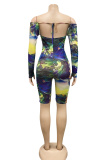 Blue Sexy Print Hollowed Out Off the Shoulder Skinny Rompers