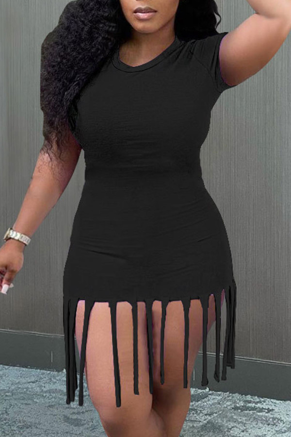 Black Casual Solid Tassel Patchwork O Neck Pencil Skirt Dresses
