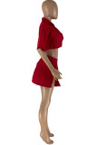 Red Sexy Casual Solid Slit Turndown Collar Half Sleeve Two Pieces