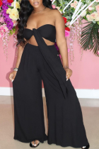 Black Sexy Solid High Opening Strapless Sleeveless Two Pieces
