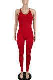 Burgundy Casual Solid Patchwork Spaghetti Strap Skinny Jumpsuits