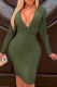 Army Green Sexy Solid Patchwork V Neck Pencil Skirt Dresses
