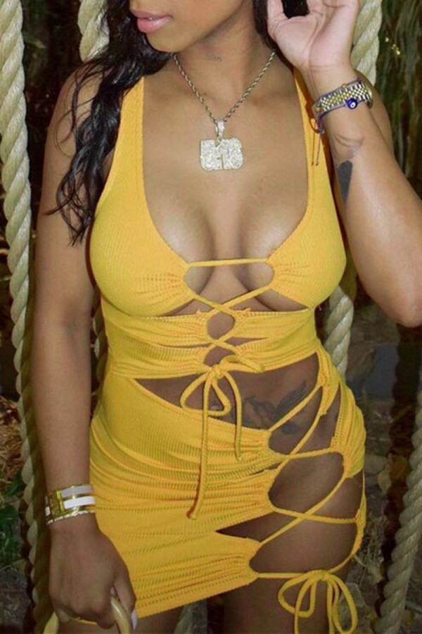 Yellow Fashion Sexy Solid Hollowed Out Strap Design U Neck Vest Dress Dresses