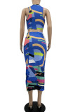 Blue Sexy Print Patchwork Draw String V Neck Sleeveless Two Pieces