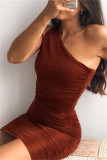Brown Fashion Sexy Solid Fold One Shoulder Sleeveless Dress