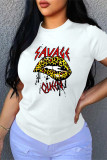 Red Fashion Casual Lips Printed Basic O Neck T-Shirts