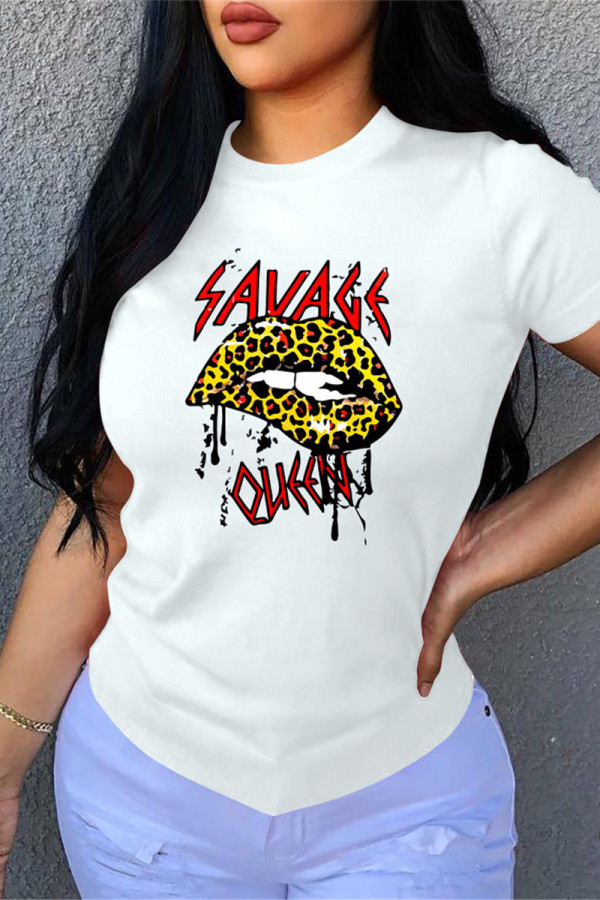 Red Yellow Fashion Casual Lips Printed Basic O Neck T-Shirts