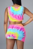 Colour Fashion Sexy Tie Dye Printing O Neck Sleeveless Two Pieces