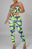 Green Sexy Print Hollowed Out Patchwork Frenulum Spaghetti Strap Sleeveless Two Pieces