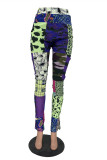 Purple Fashion Casual Print Patchwork Regular High Waist Trousers