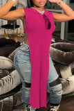 Rose Red Casual Solid Patchwork High Opening V Neck Pencil Skirt Dresses