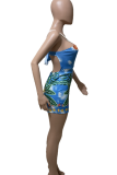 Blue Sexy Print Hollowed Out Halter Skinny Rompers