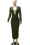 Army Green Sexy Solid Patchwork Fold V Neck Pencil Skirt Dresses
