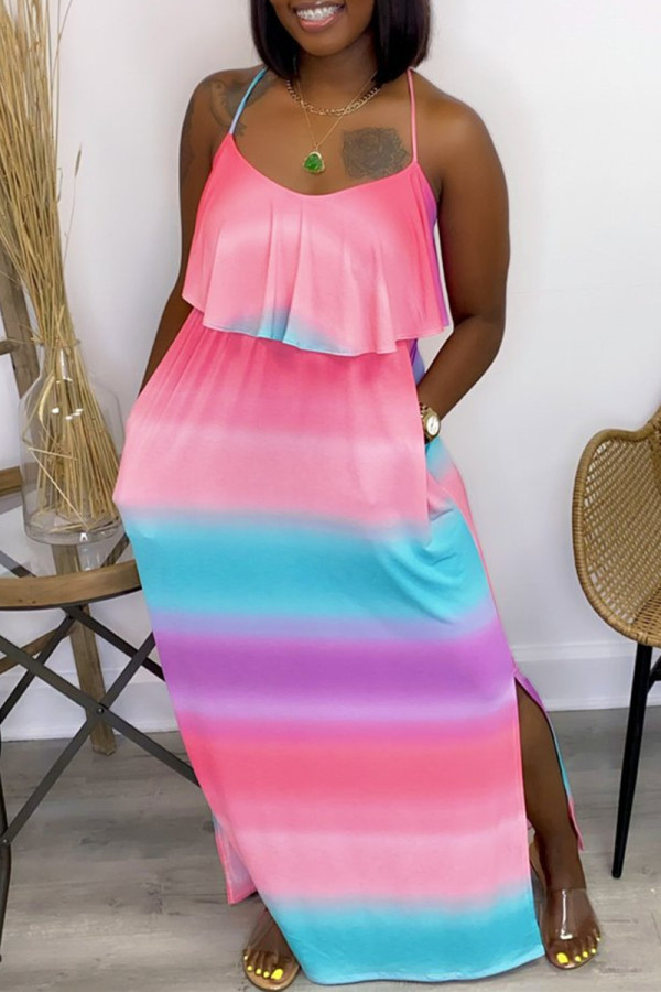 Pink Fashion Sexy Print Backless Slit Spaghetti Strap Sleeveless Dress