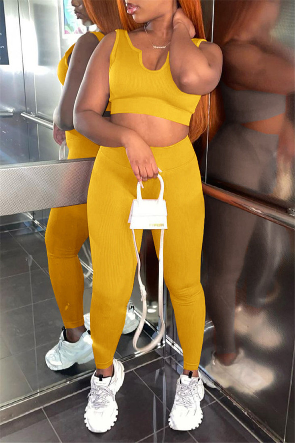 Yellow Casual Sportswear Solid Backless U Neck Two Pieces