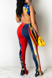 Multicolor Fashion Sexy Print Hollowed Out Backless Slit Turtleneck Skinny Jumpsuits
