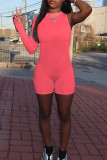 Fluorescent Pink Fashion Casual Solid Basic O Neck Long Sleeve Skinny Romper