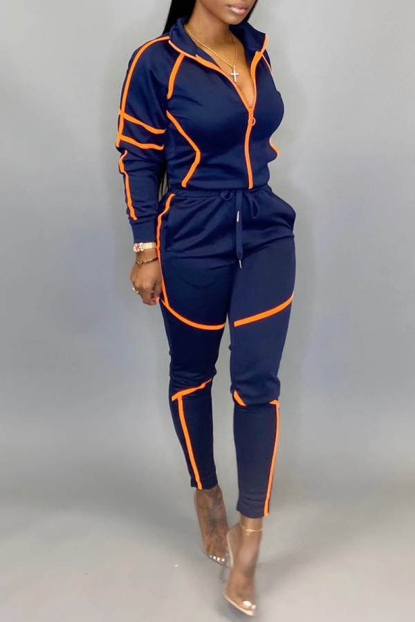 Tibetan Blue Casual Solid Patchwork Turndown Collar Long Sleeve Two Pieces