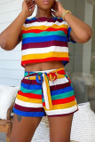 Colour Casual Striped Patchwork O Neck Short Sleeve Two Pieces