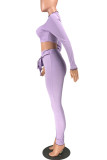 Purple Casual Solid Bandage Split Joint Fold O Neck Long Sleeve Two Pieces
