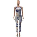 Pink Sexy Print Split Joint U Neck Skinny Jumpsuits