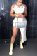 White Fashion Sexy Solid Asymmetrical Spaghetti Strap Sleeveless Two Pieces