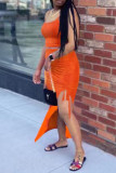 Rose Red Sexy Casual Solid Slit Spaghetti Strap Sleeveless Two Pieces