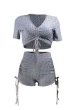 Grey Fashion Casual Solid Bandage Draw String V Neck Short Sleeve Two Pieces
