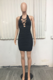 Pink Sexy Solid Hollowed Out Halter Pencil Skirt Dresses