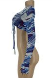 Blue Fashion Sexy Print Bandage Backless Off the Shoulder Tops