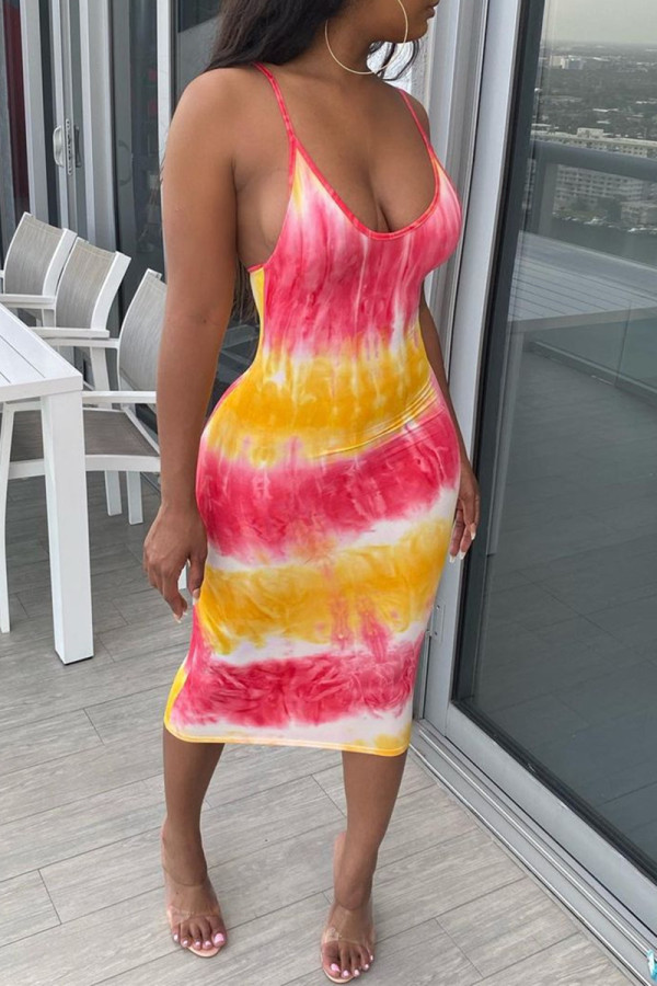 Yellow Fashion Sexy Print Basic U Neck Sling Dress