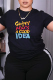 Black Casual Letter Print Patchwork O Neck T-Shirts