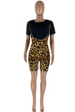 Yellow Fashion Casual Print Leopard Basic O Neck Short Sleeve Two Pieces