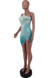 Light Green Sexy Gradual Change Print Backless Slit One Shoulder Sleeveless Dress