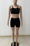 Rose Red Sexy Solid Patchwork Fold Spaghetti Strap Sleeveless Two Pieces