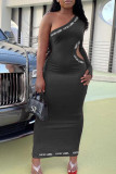 Black Sexy Letter Print Hollowed Out Patchwork Oblique Collar Pencil Skirt Dresses