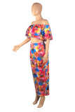 Multicolor Fashion Sexy Print Backless Off the Shoulder Short Sleeve Two Pieces