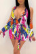 Rose Red Casual Print Bandage Patchwork V Neck Straight Rompers