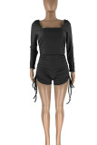 Pink Casual Solid Patchwork Draw String Fold U Neck Skinny Rompers